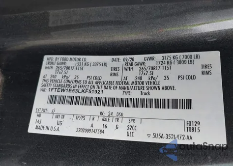 2020 Ford F-150 Xlt from USA, damaged, VIN 1FTEW1E53LKF51921